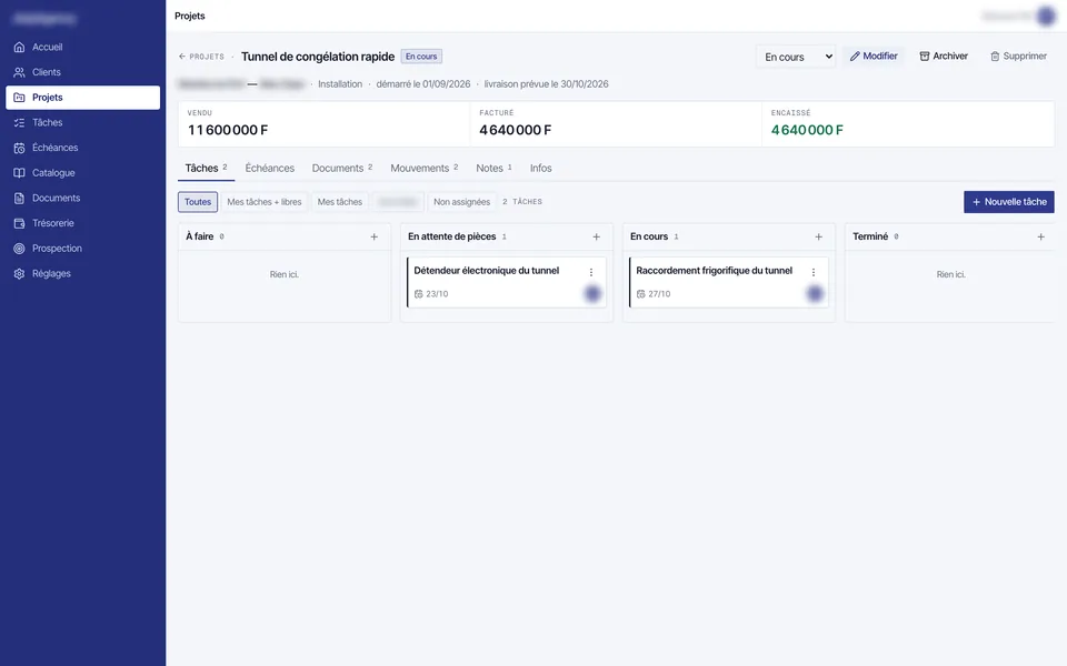 Outil de gestion, la page d'un projet : vendu, facturé, encaissé