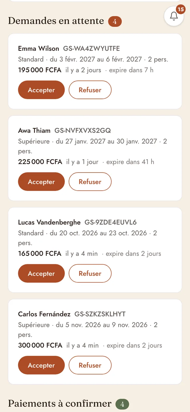 Gorée Suites, l'admin sur téléphone : les demandes à accepter