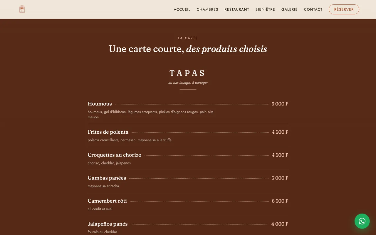 Gorée Suites, page /restaurant : la carte