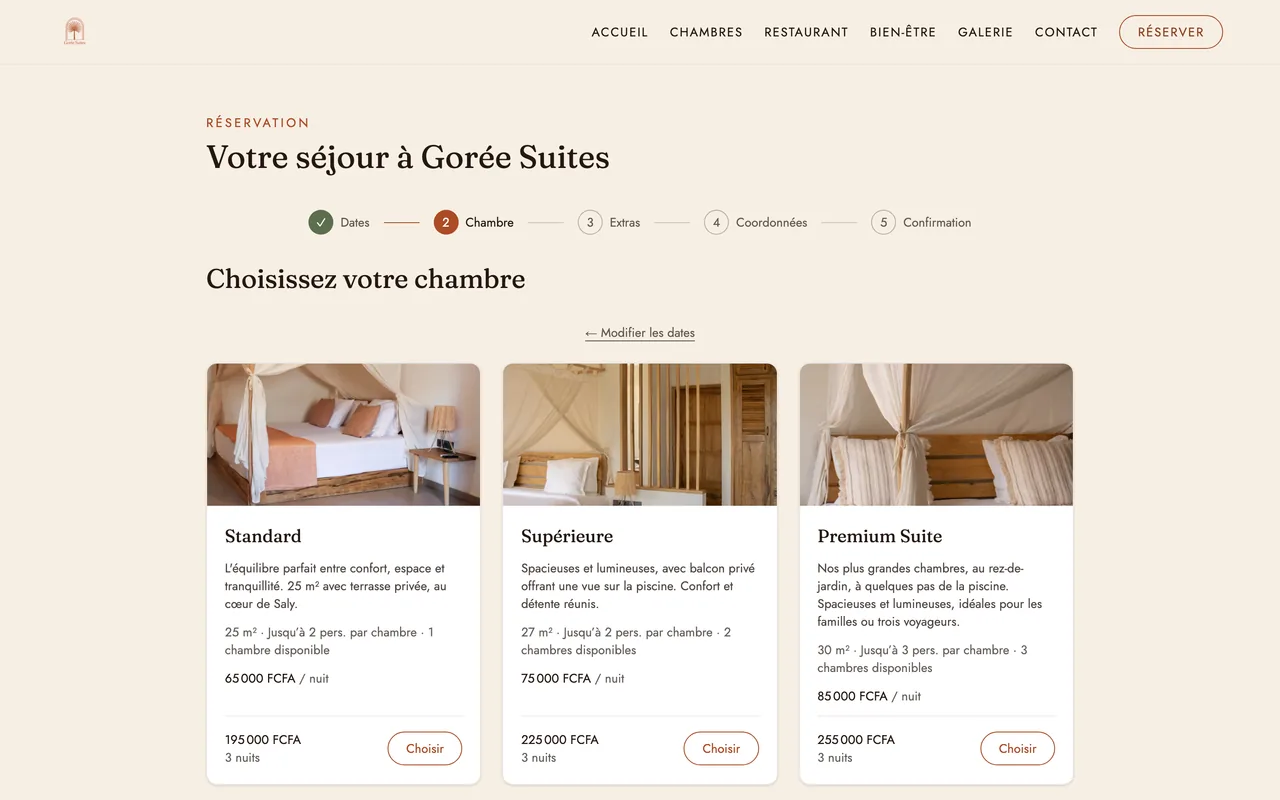 Gorée Suites, Hôtellerie : page d'accueil du site livré