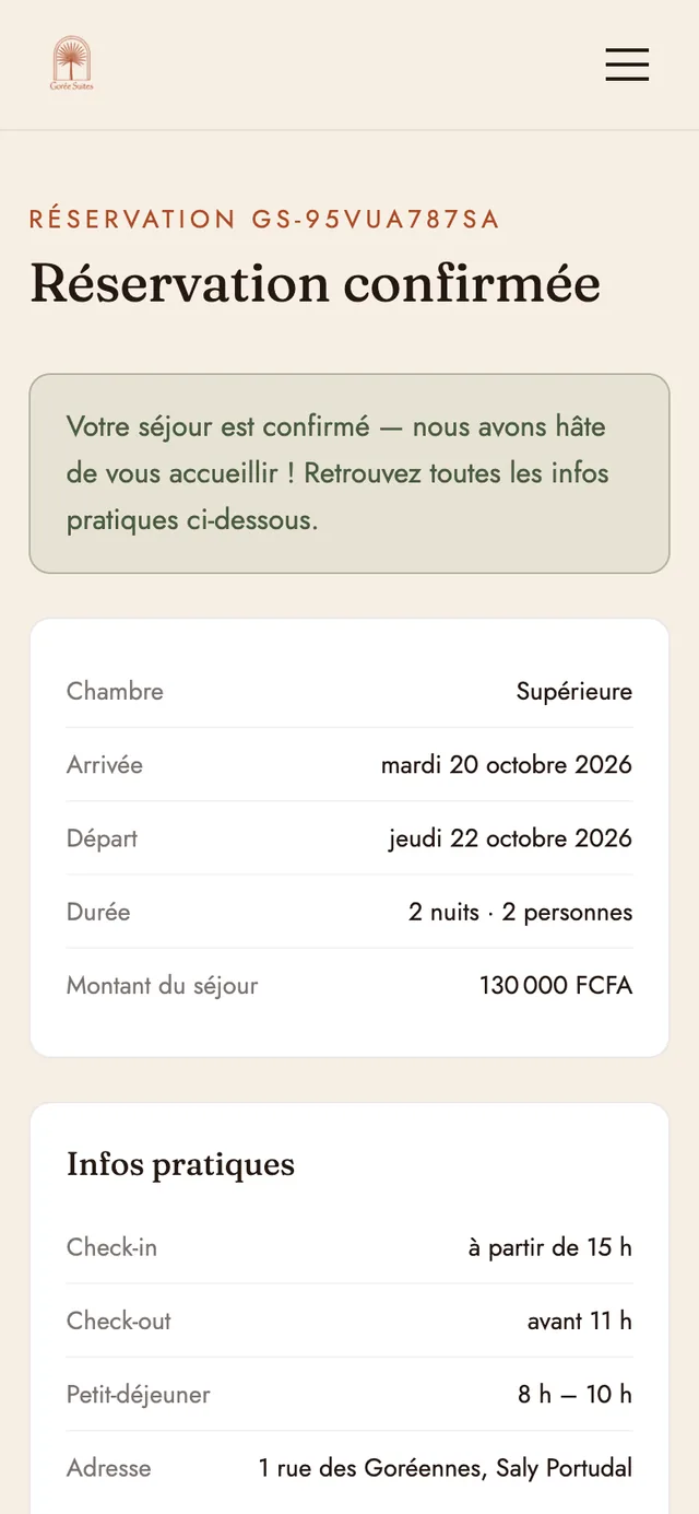 Gorée Suites, page de suivi du voyageur : réservation confirmée