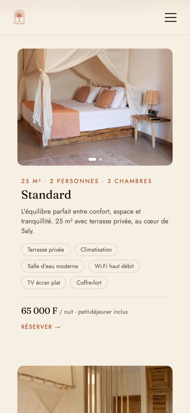 Gorée Suites, page /chambres : la fiche et son tarif