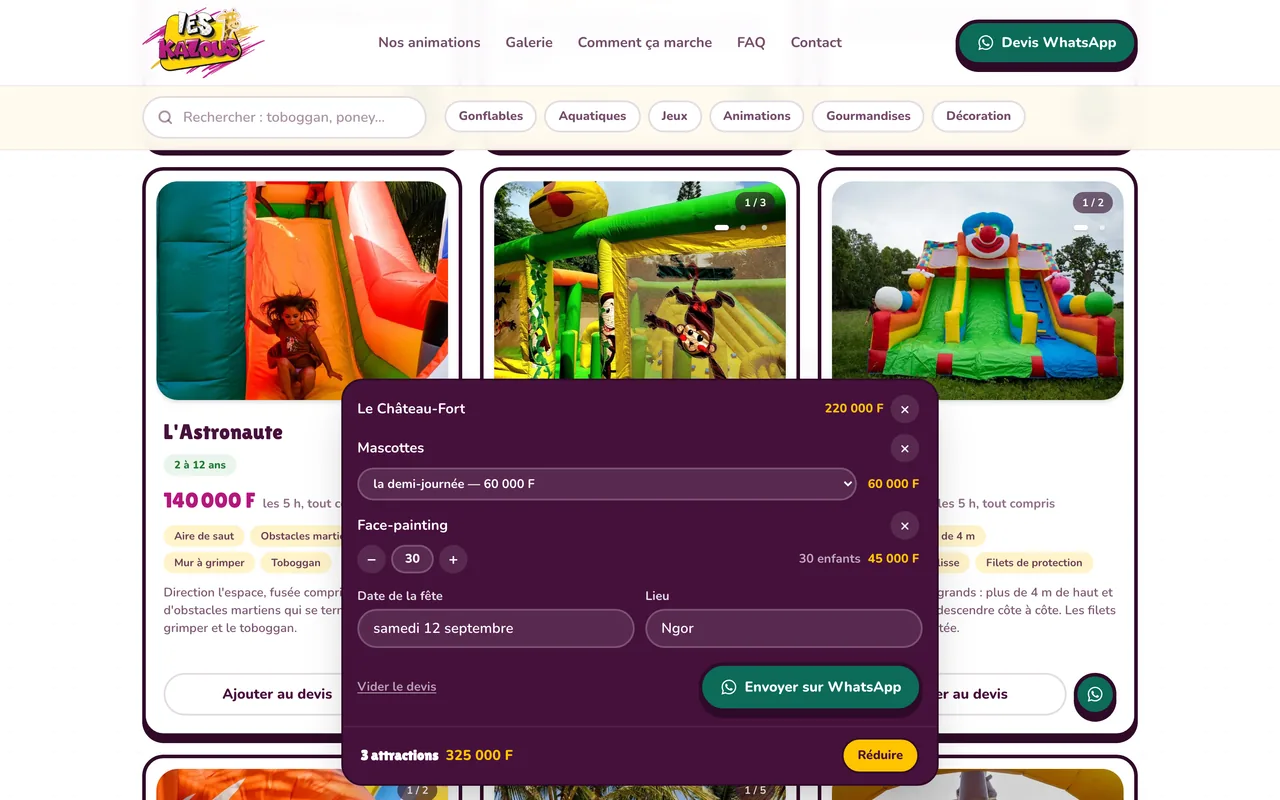Les Kazous, page /attractions : le devis se compose, et part sur WhatsApp