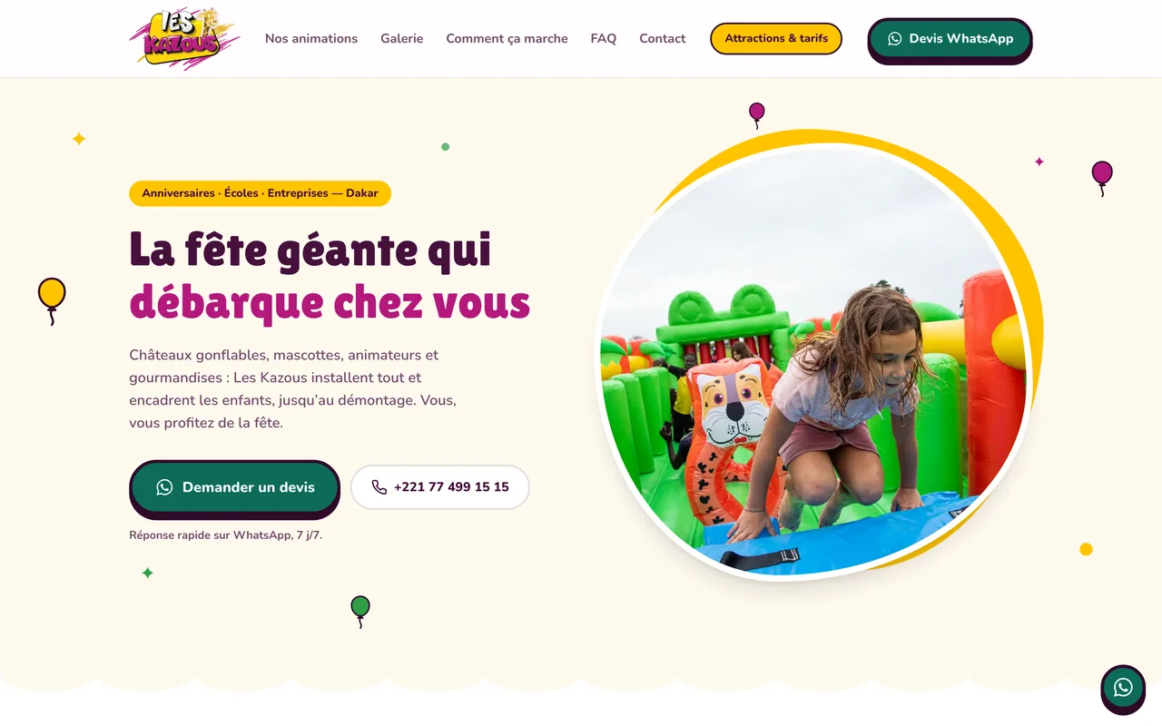 Les Kazous, Événementiel pour enfants : page d'accueil du site livré
