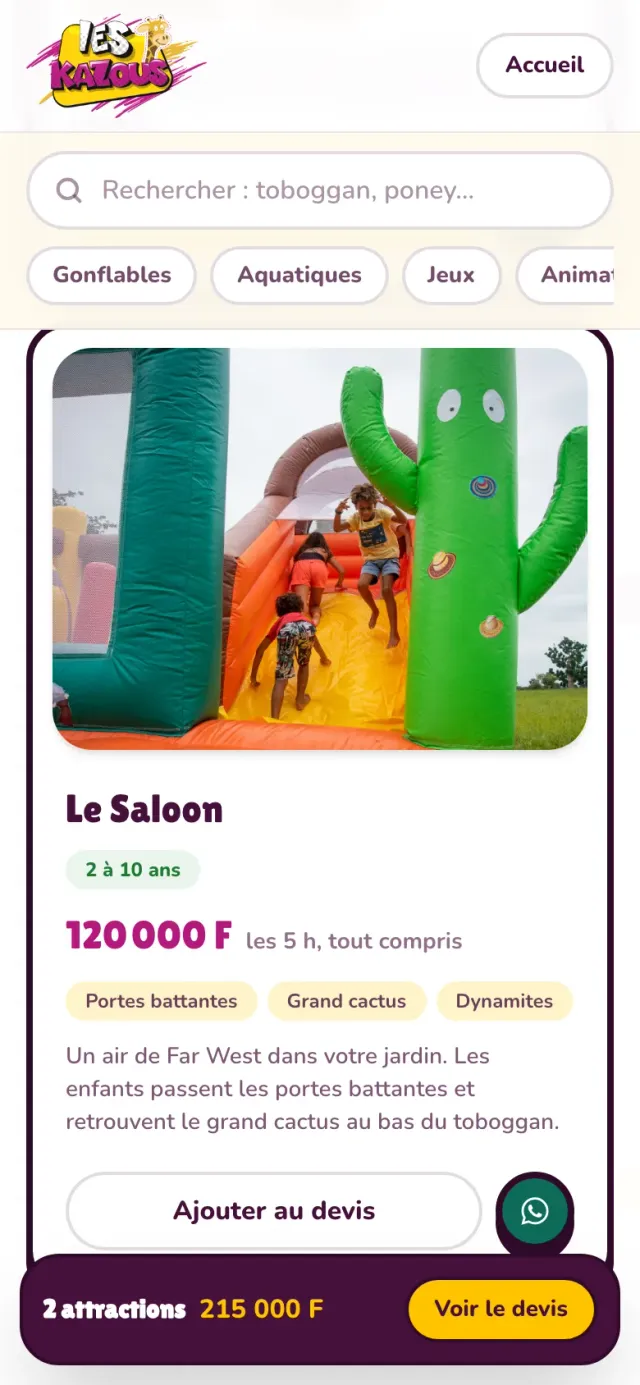 Les Kazous, page /attractions : le panier de devis