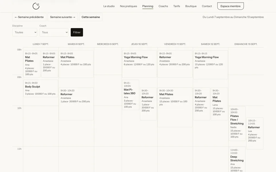 OSĀNA, planning de la semaine : les cours, les places restantes, les tarifs