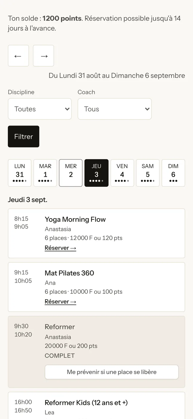 OSĀNA, espace membre : réserver un cours